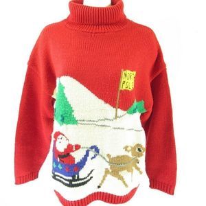 Vtg 90s Christmas Turtleneck Sweater L Red Santa
